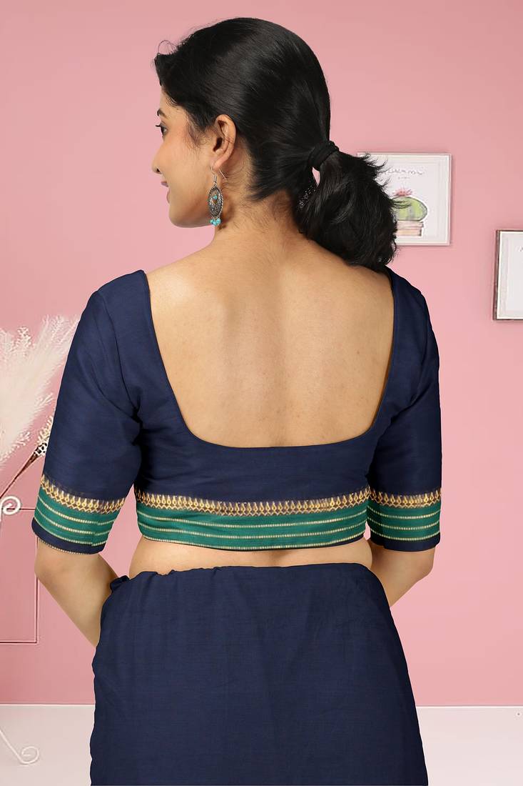 Navy blue & emerald green chettinad cotton saree with running blouse