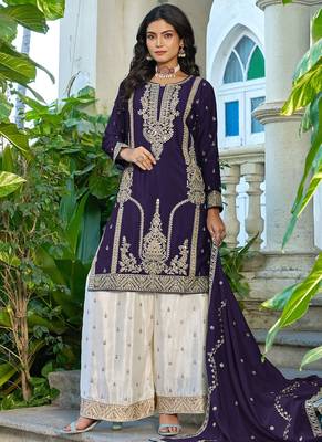 Dark-purple embroidered chinon silk palazzo suit 1