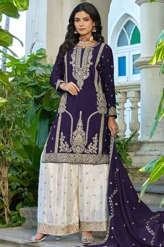 Dark-purple embroidered chinon silk palazzo suit