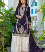Dark-purple embroidered chinon silk palazzo suit