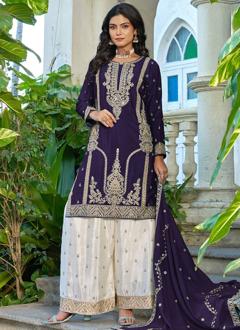 Dark-purple embroidered chinon silk palazzo suit