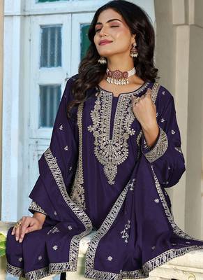 Dark-purple embroidered chinon silk palazzo suit 2