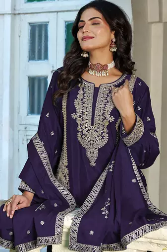 Dark-purple embroidered chinon silk palazzo suit