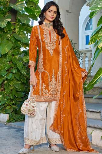 Orange embroidered chinon silk palazzo suit