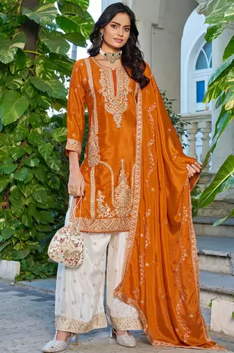 Orange embroidered chinon silk palazzo suit