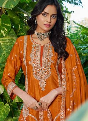 Orange embroidered chinon silk palazzo suit 2