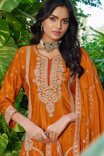 Orange embroidered chinon silk palazzo suit