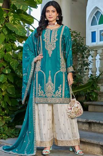 Turquoise embroidered chinon silk palazzo suit