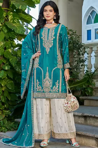 Turquoise embroidered chinon silk palazzo suit