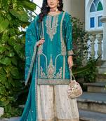 Turquoise embroidered chinon silk palazzo suit