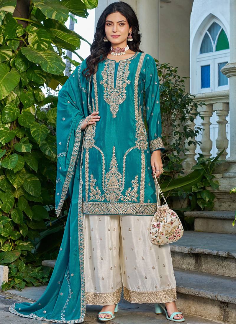 Turquoise embroidered chinon silk palazzo suit