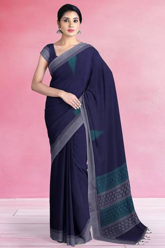 Midnight navy blue & steel grey kovai cotton saree with running blouse