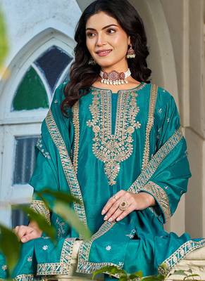 Turquoise embroidered chinon silk palazzo suit 2