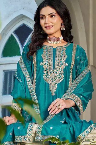 Turquoise embroidered chinon silk palazzo suit