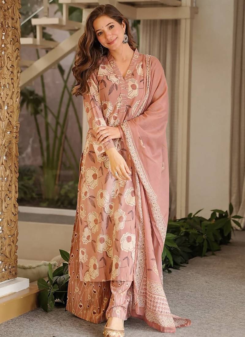 Light-peach printed cotton salwar suit