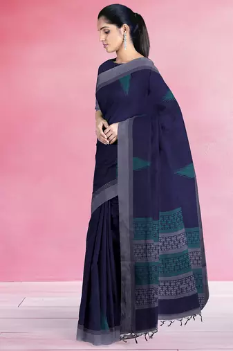Midnight navy blue & steel grey kovai cotton saree with running blouse