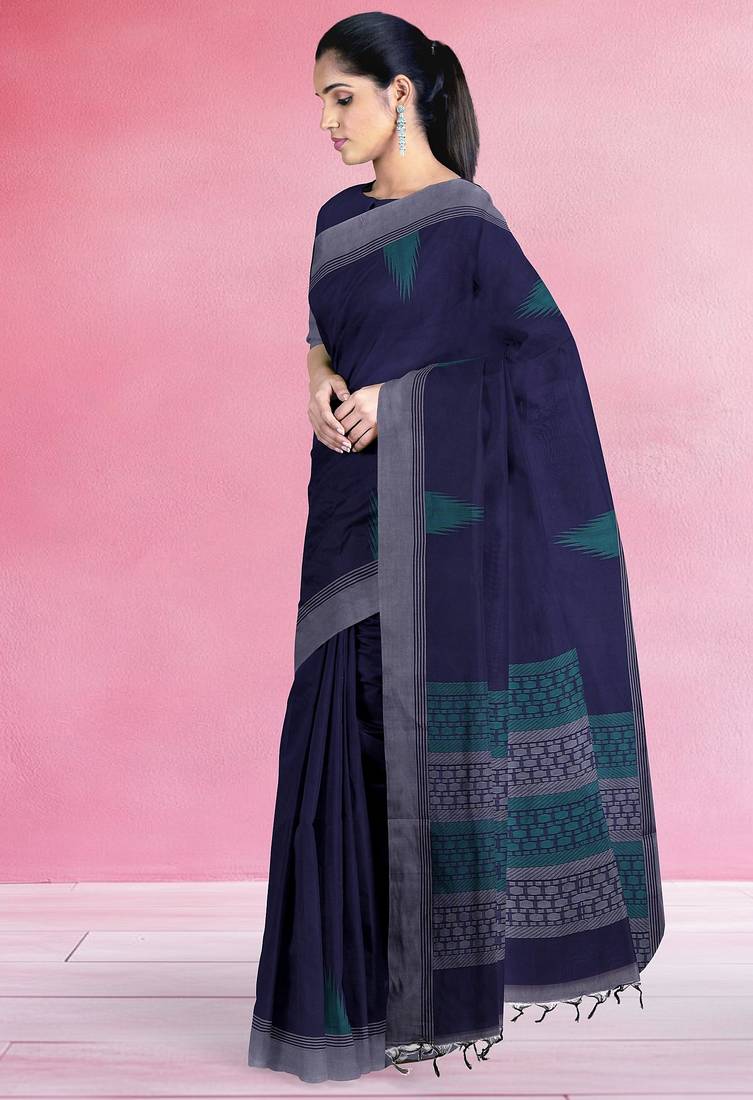 Midnight navy blue & steel grey kovai cotton saree with running blouse