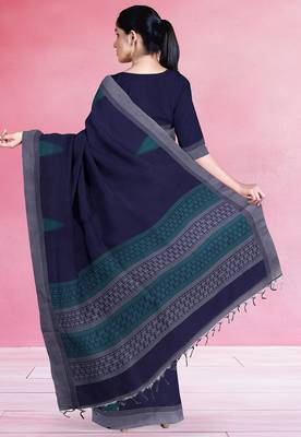 Midnight navy blue & steel grey kovai cotton saree with running blouse 3