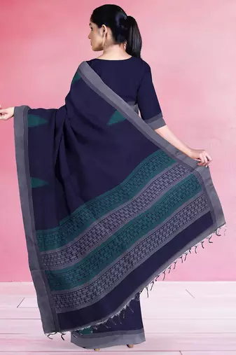 Midnight navy blue & steel grey kovai cotton saree with running blouse