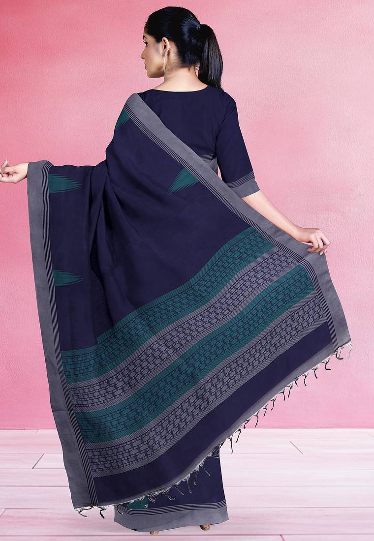 Midnight navy blue & steel grey kovai cotton saree with running blouse
