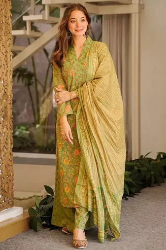 Green printed cotton salwar suit