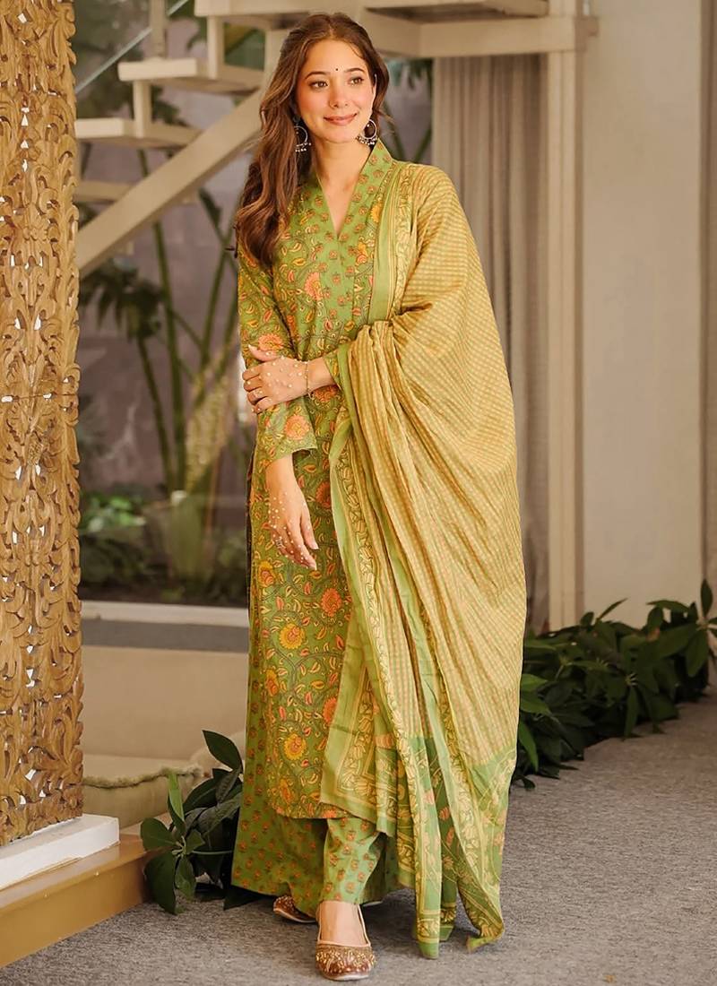 Green printed cotton salwar suit