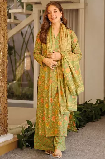 Green printed cotton salwar suit