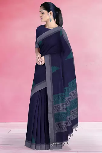 Midnight navy blue & steel grey kovai cotton saree with running blouse