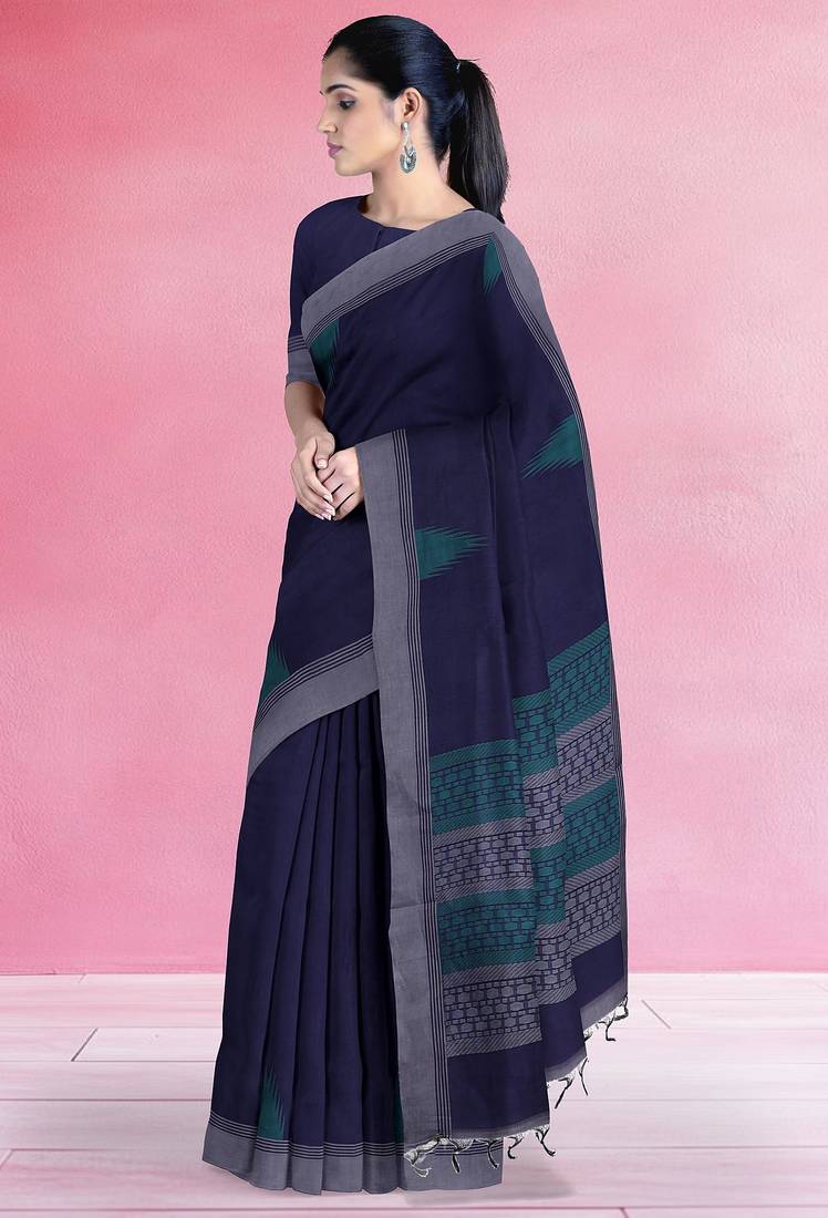Midnight navy blue & steel grey kovai cotton saree with running blouse