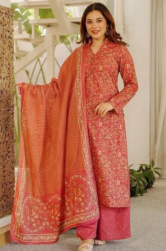 Red orange printed cotton salwar suit