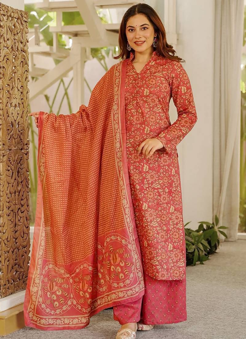 Red orange printed cotton salwar suit