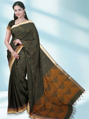Dark olive green & antique gold kovai cotton saree with running blouse 1