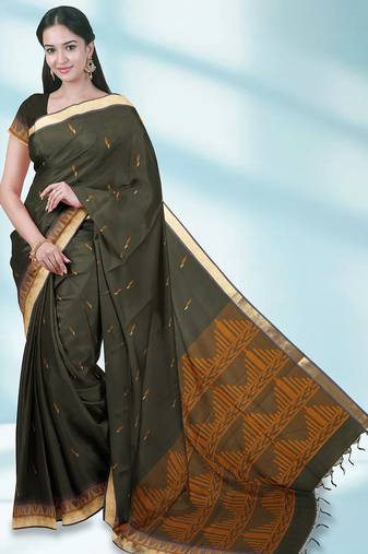 Dark olive green & antique gold kovai cotton saree with running blouse