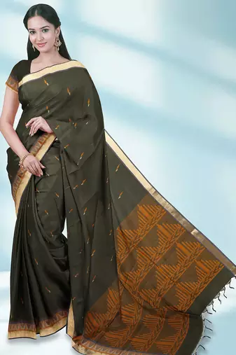 Dark olive green & antique gold kovai cotton saree with running blouse