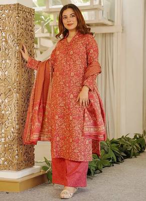 Red orange printed cotton salwar suit 2
