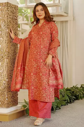 Red orange printed cotton salwar suit