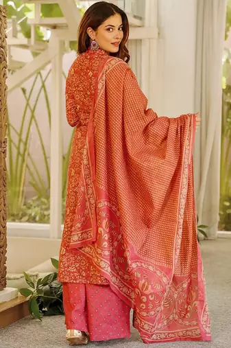 Red orange printed cotton salwar suit