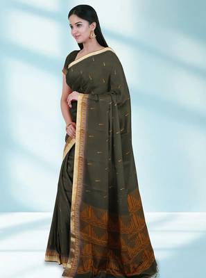 Dark olive green & antique gold kovai cotton saree with running blouse 2
