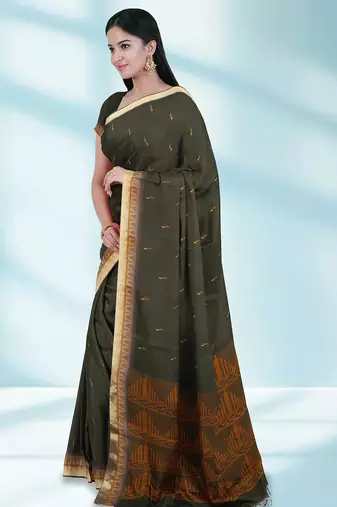 Dark olive green & antique gold kovai cotton saree with running blouse