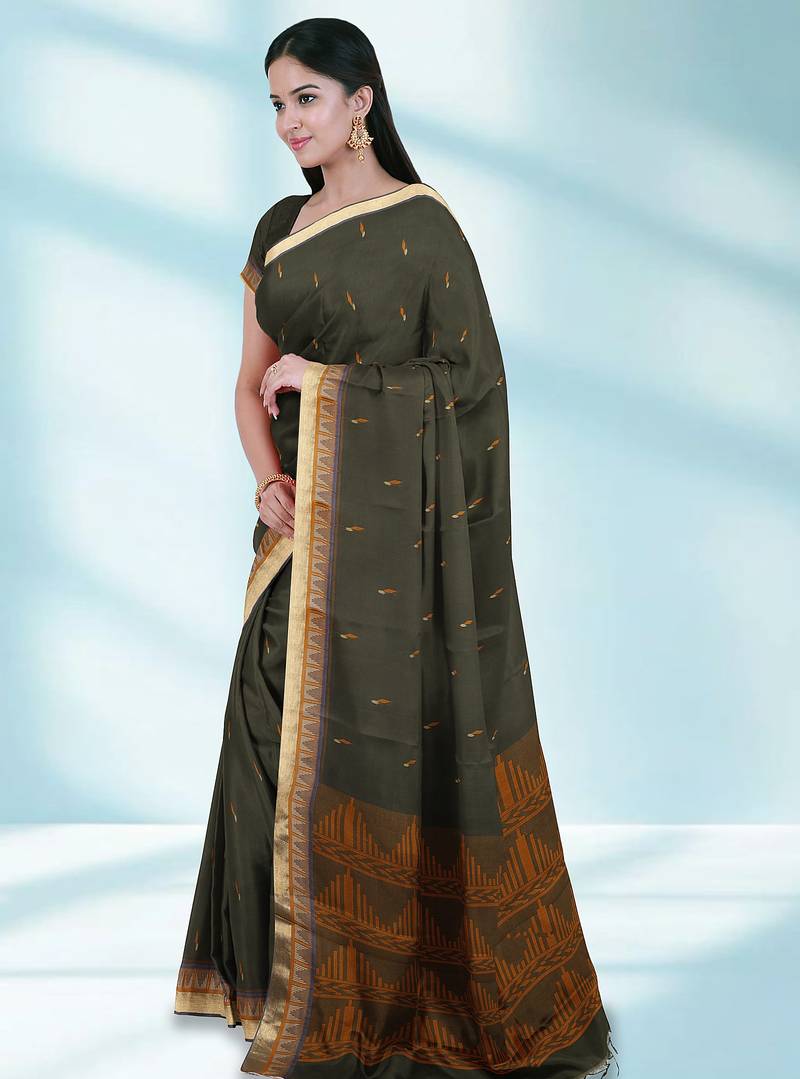 Dark olive green & antique gold kovai cotton saree with running blouse