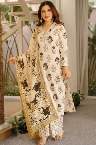 Off white printed cotton salwar suit