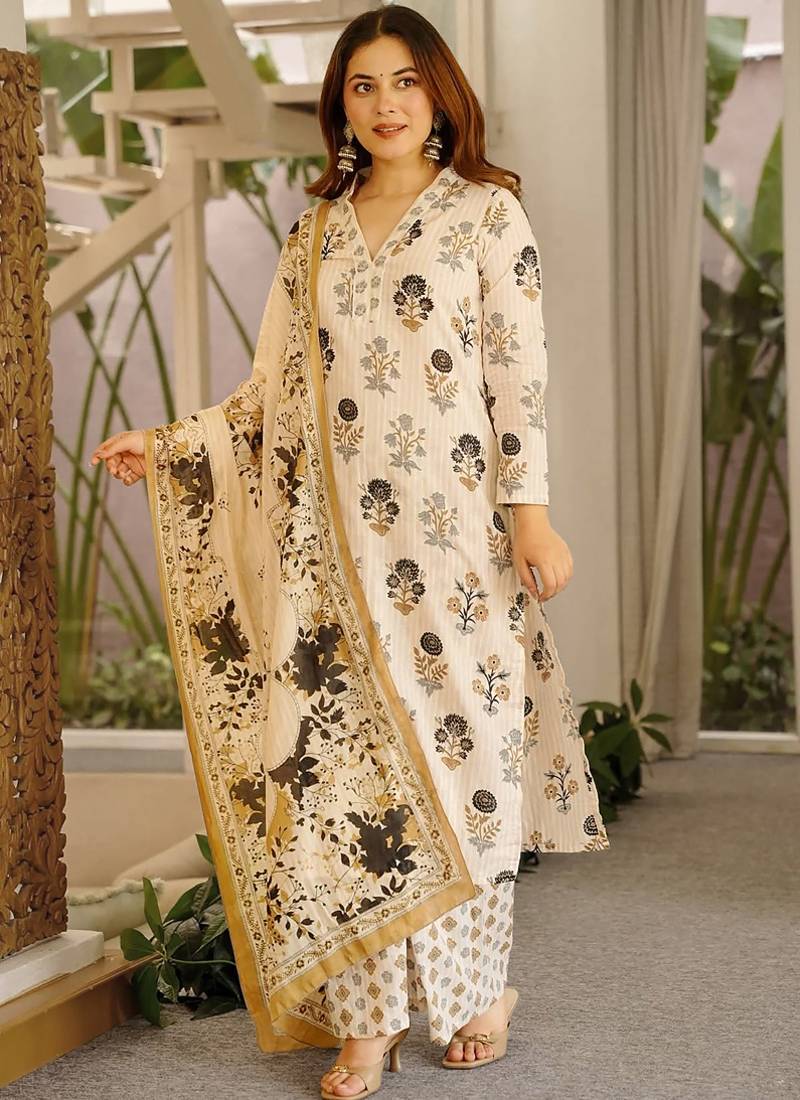 Off white printed cotton salwar suit