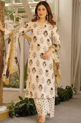 Off white printed cotton salwar suit