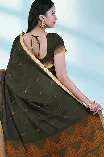 Dark olive green & antique gold kovai cotton saree with running blouse