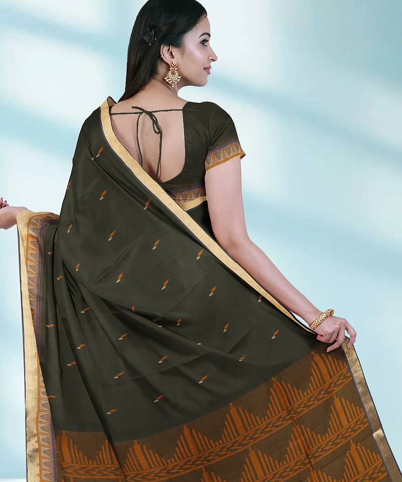 Dark olive green & antique gold kovai cotton saree with running blouse