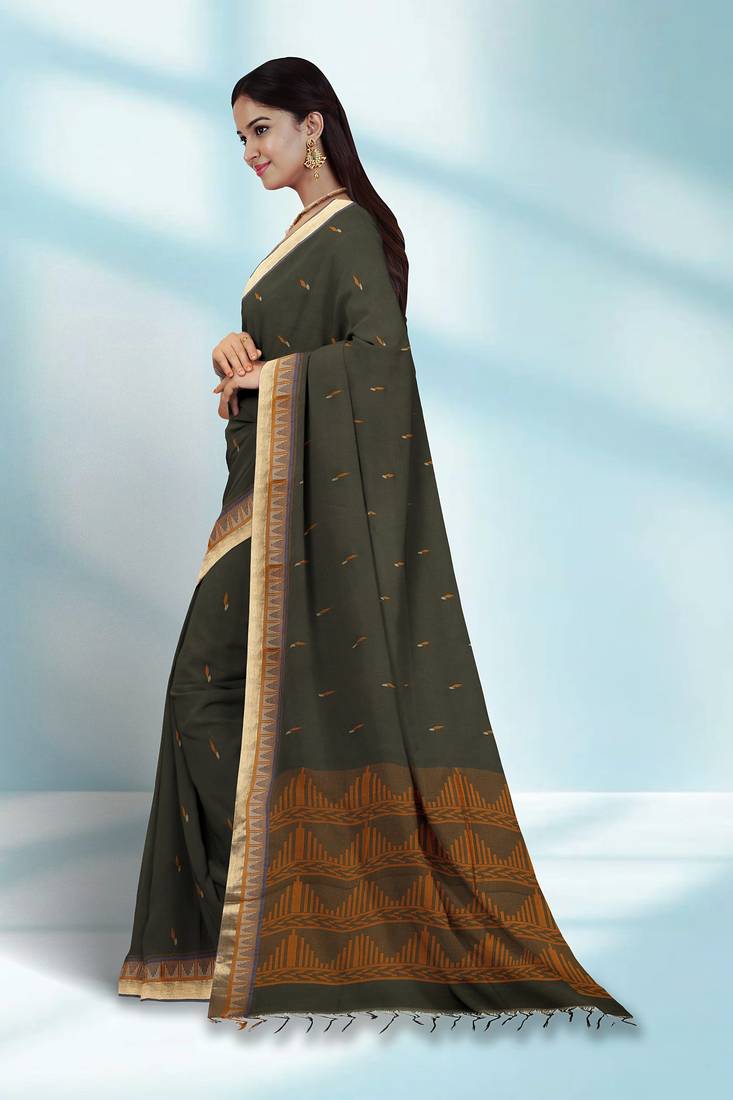 Dark olive green & antique gold kovai cotton saree with running blouse