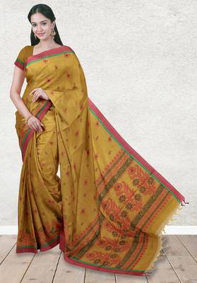 Mustard gold & coral rose kovai cotton saree with running blouse 1