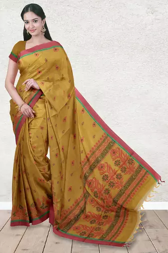 Mustard gold & coral rose kovai cotton saree with running blouse