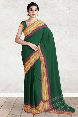 Emerald green & magenta pink chanderi cotton saree with running blouse 1