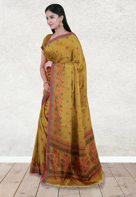 Mustard gold & coral rose kovai cotton saree with running blouse 2